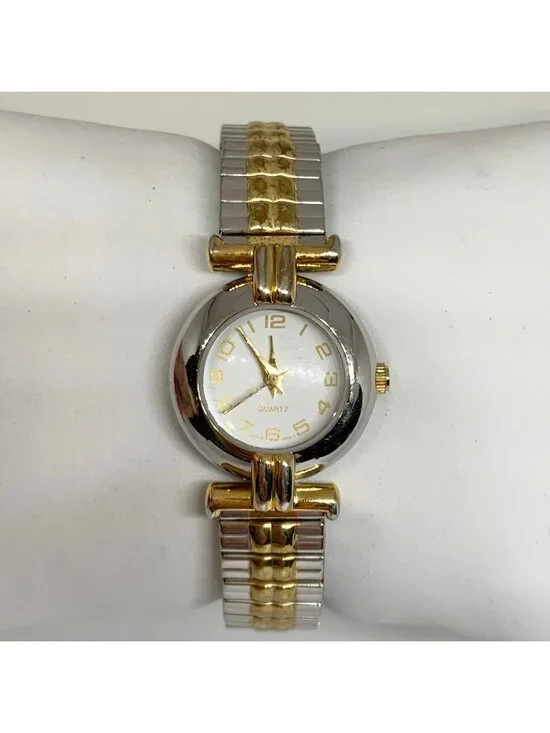 Women’s quartz analog watch silver gold tone 23mm stretch band running