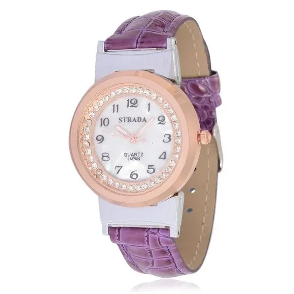 STRADA Austrian Crystal Watch Purple Faux Leather Band