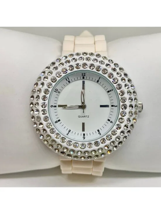Geneva women’s watch white tone rhinestones 45mm silicone band running