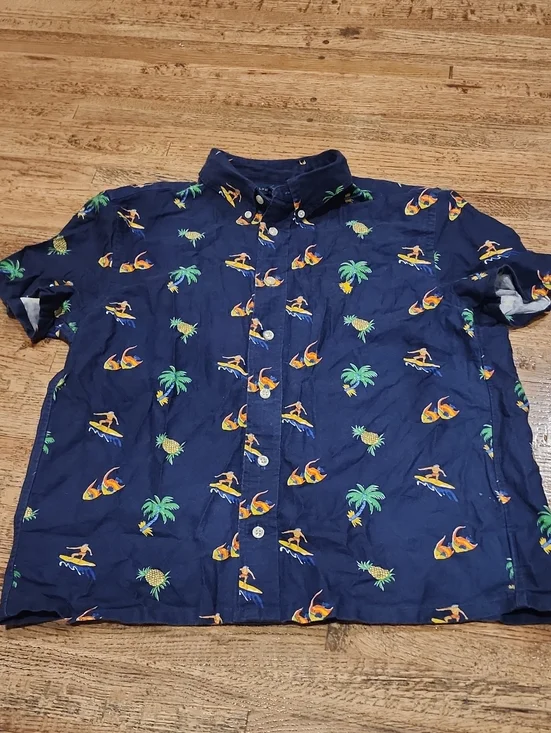 Ralph Lauren Navy Button-Down Shirt with Yellow & Green Tropical Print