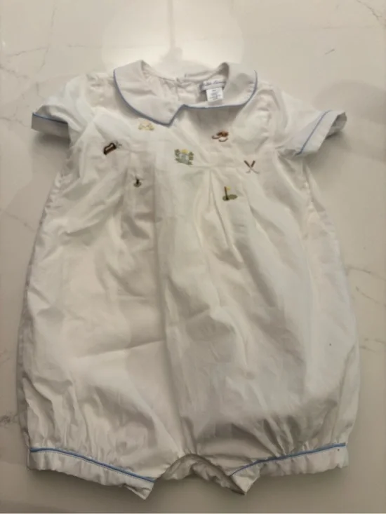 Ralph Lauren White Baby Romper with Light Blue Piping and Embroidered Motifs