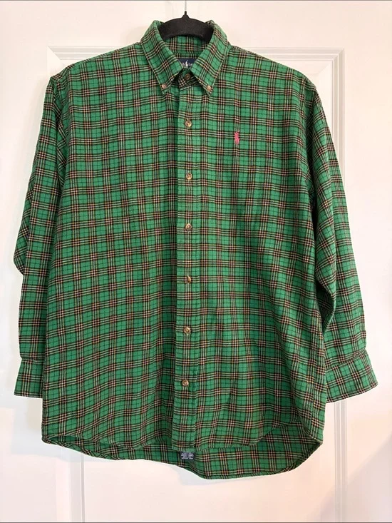 Vintage Ralph Lauren Boys Medium Green Plaid Button Down Shirt 100% Cotton