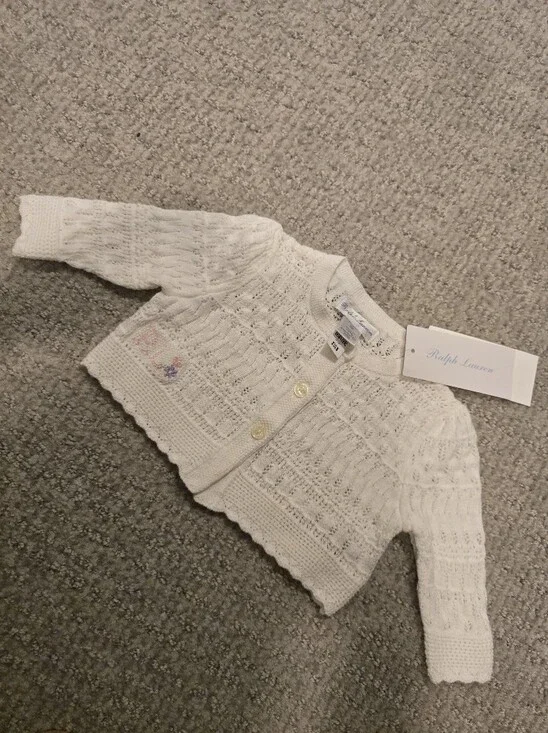 NEW Ralph Lauren Cream Knit Baby Cardigan with Subtle Embroidery