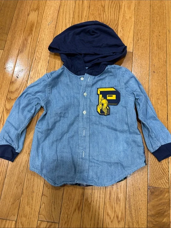 Ralph Lauren Light Blue Denim-Look Shirt with Navy Hood and Plaid Back-24M