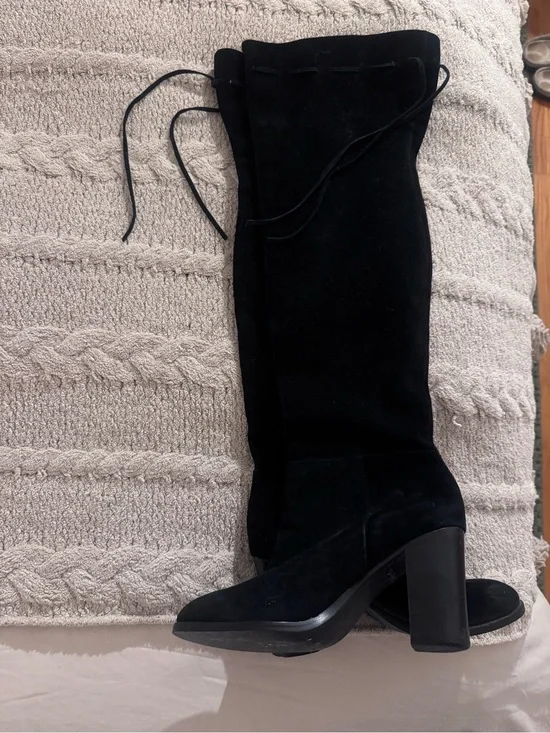 Black Suede Over the Knee High Heeled Boots - Women
