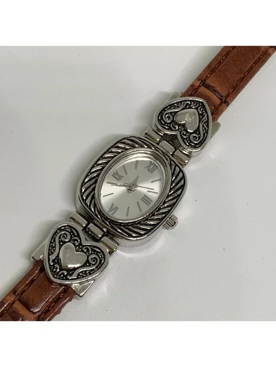 Accutime Women’s SilverTone watch 20mm quartz analog heart brown leather running