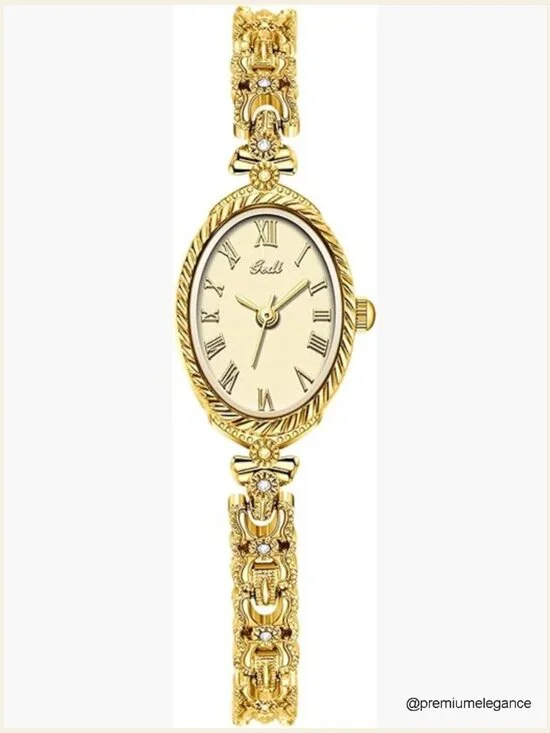 Vintage Gold Oval Roman Numeral Analog Bracelet Wrist Watch