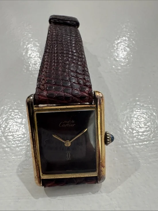 Cartier unisex Gold Tone Case Brown Dial Leather Strap Watch