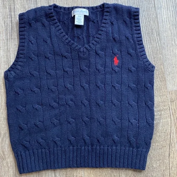 Ralph Lauren Kids Navy Blue Cable Knit Cotton Sweater Vest 24M V-Neck Pony Logo