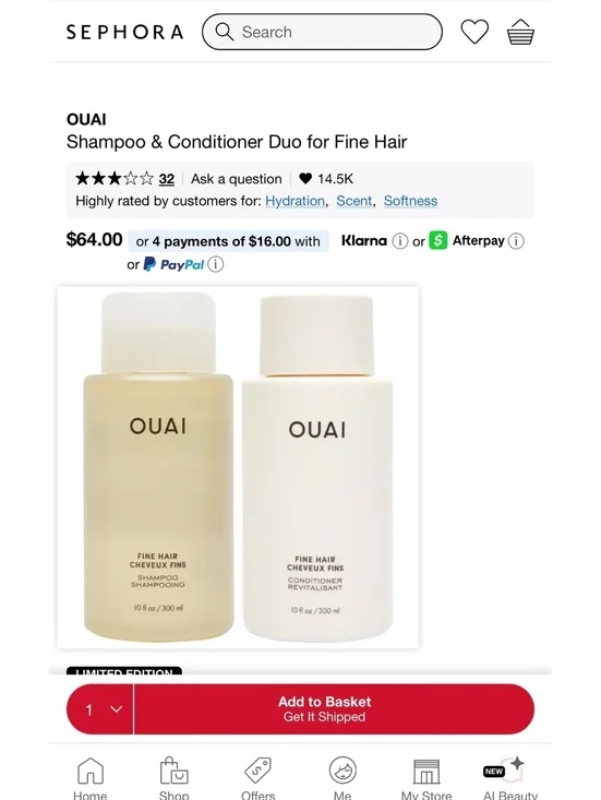 Ouai shampoo and conditioner for fine hair 10 oz per bottle
