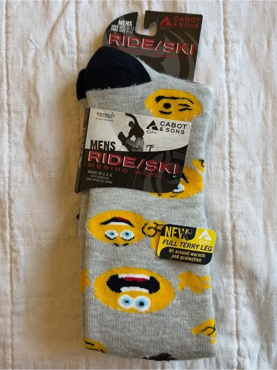 Men's Ride/Ski Merino Wool Socks in Light Gray with Yellow Emoji
