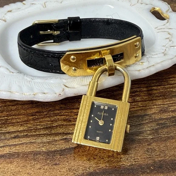 Vintage 80s FUTURA Gold Tone Crystal Padlock Bracelet Watch Black Strap Untested