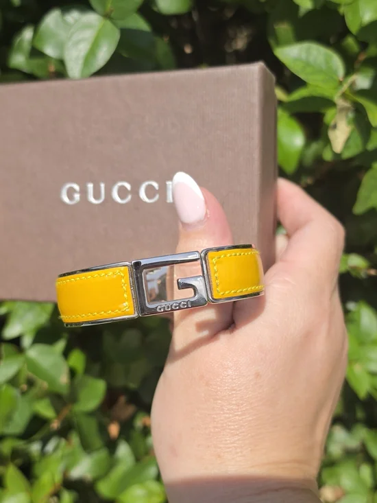 Gucci Leather G Hinge Bangle Mustard Color Silver-Tone Metal & Leather