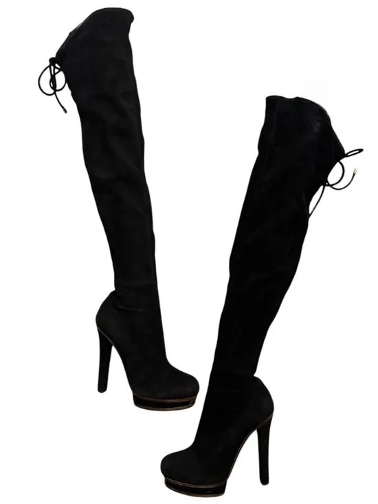GUCCI Alonya Black Suede OTK Platform Heeled Boots