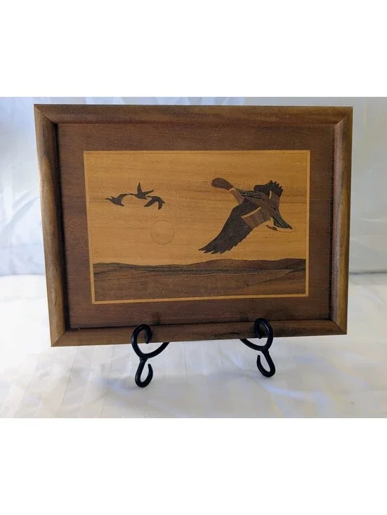 Vintage Hudson River Inlay Jeff Nelson Mallard Duck Marquetry Wood Art Tray 8.5