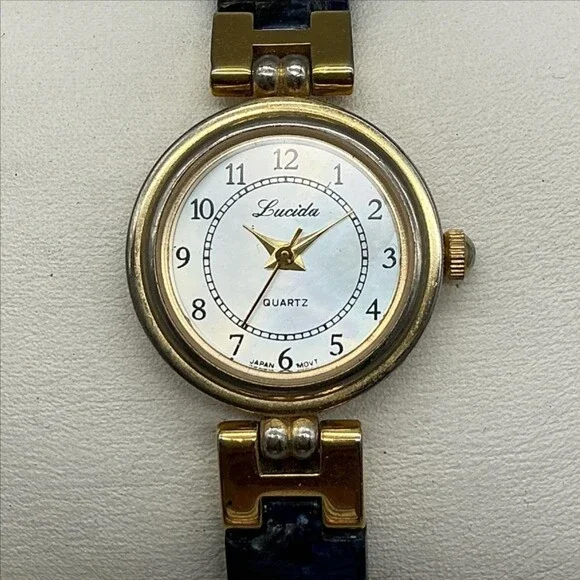 Lucida Womens Watch 21mm MOP Dial Gold Tone Blue Bracelet New Battery 6.5