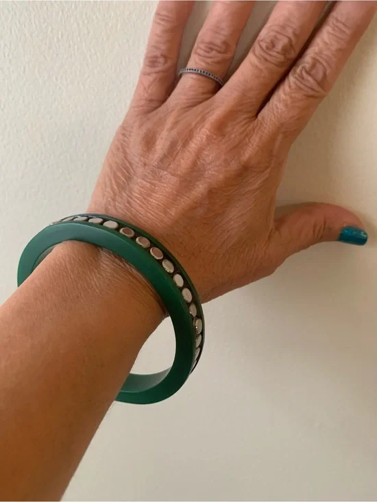 Green Resin Bangle Bracelet with Silver Accent