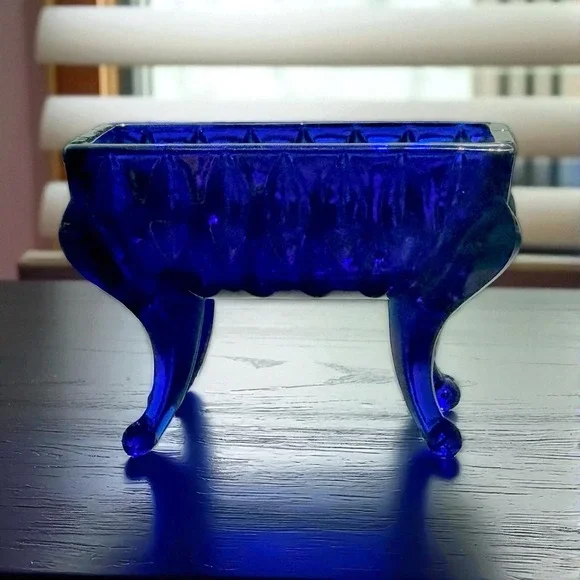 Vintage Indiana Glass Cobalt Blue Footed Trinket Box Candy Dish Cut Glass