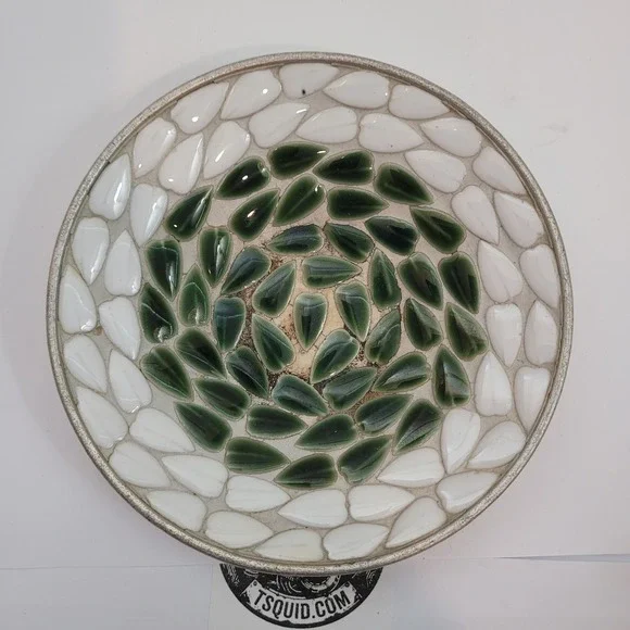 Vintage Trinket‎ Dish Green White Mosaic Spiral Gold Tone Metal 5in Mid Century