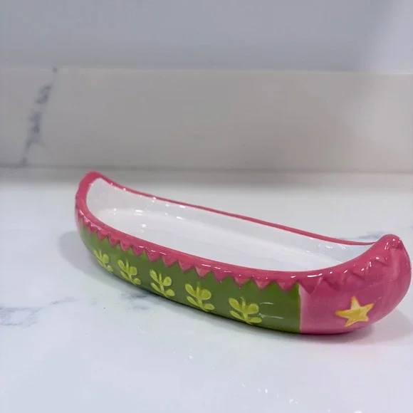 Ceramic Canoe Trinket Dish‎ Pink Green Floral Star Hand Painted Jewelry Tray