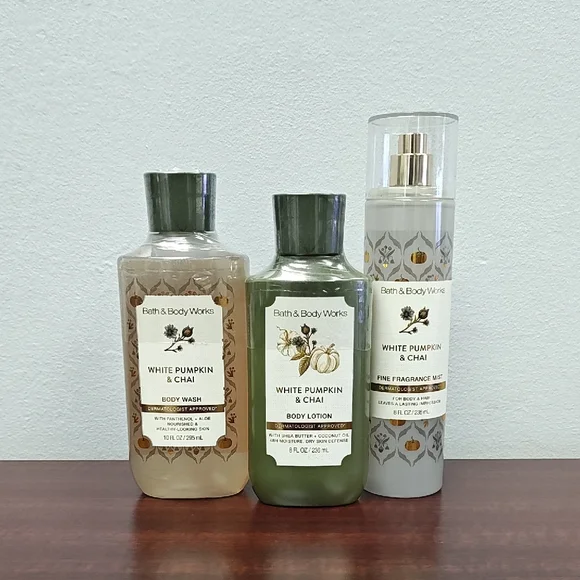 Bath & Body Works WHITE PUMPKIN & CHAI 3 Piece Body Care Bundle Set