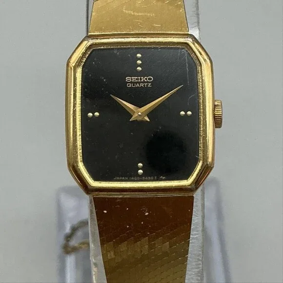 Vintage Seiko Womens Watch 18mm Black Dial Gold Tone 1400-8080 New Battery 6.5