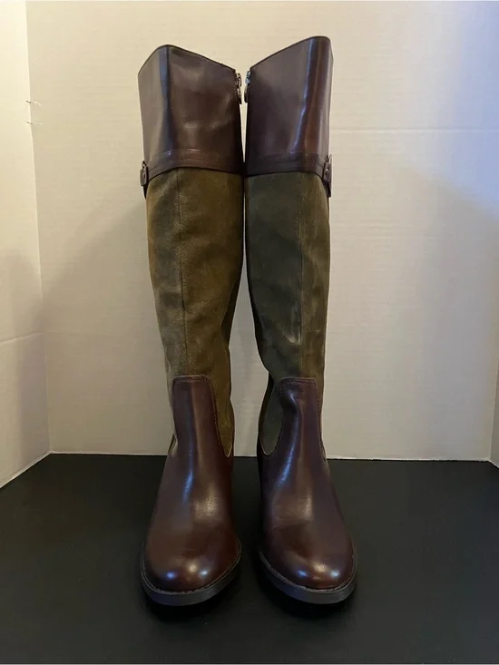 Etienne Aigner Olive Suede and Brown Leather Over-the-Knee Boots