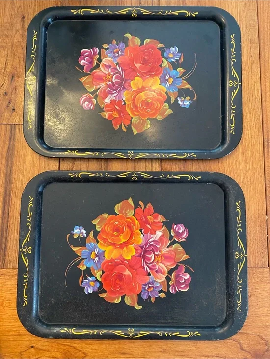 Black Vintage Floral Metal Serving Trays - Set of 2
