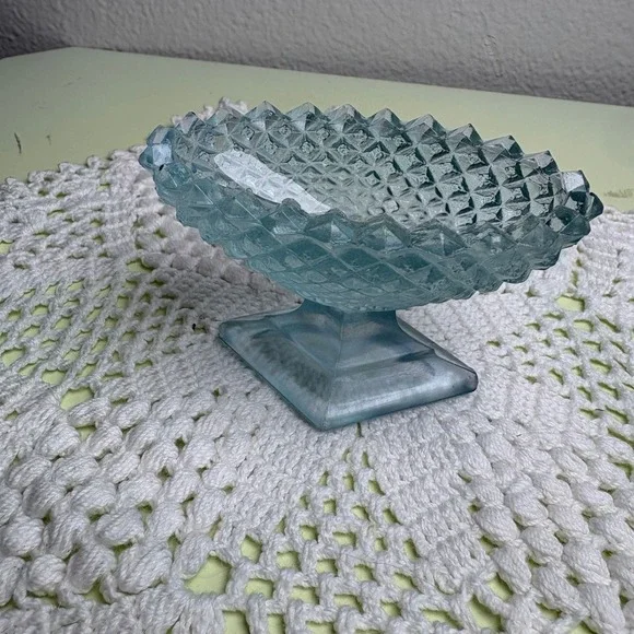 Vintage Blue Salt Dip Dish Trinket Dish Cottagecore Diamond Point Pressed Glass