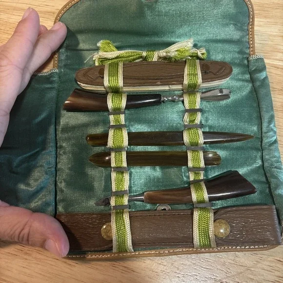 VTG Antique Celluloid Tortoiseshell Manicure Set, Green Satin Roll-Up Leather