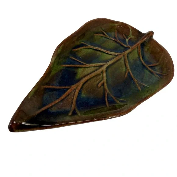 L'Occitane Ceramic Leaf Dish Brown Green Glazed Pottery Trinket Tray Decor