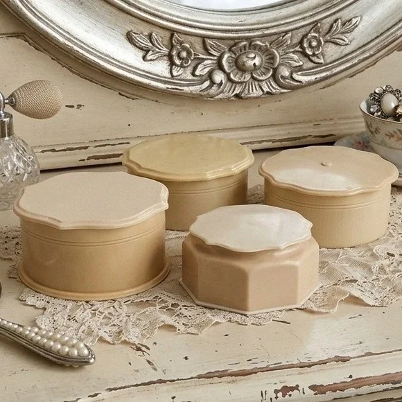 Vintage Fairfax Celluloid Vanity Boxes Cream Scalloped Art Deco Dresser Jars 4pc