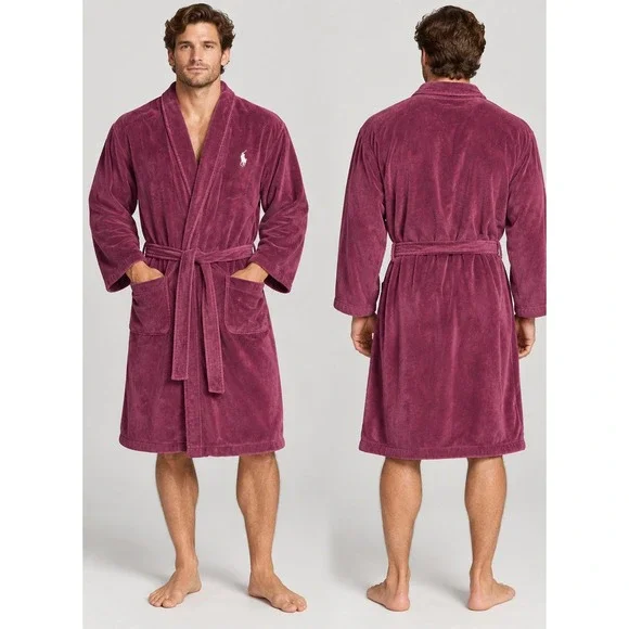 Polo Ralph Lauren Robe Mens L/XL Burgundy Terry Cloth Belted Big Pony Logo