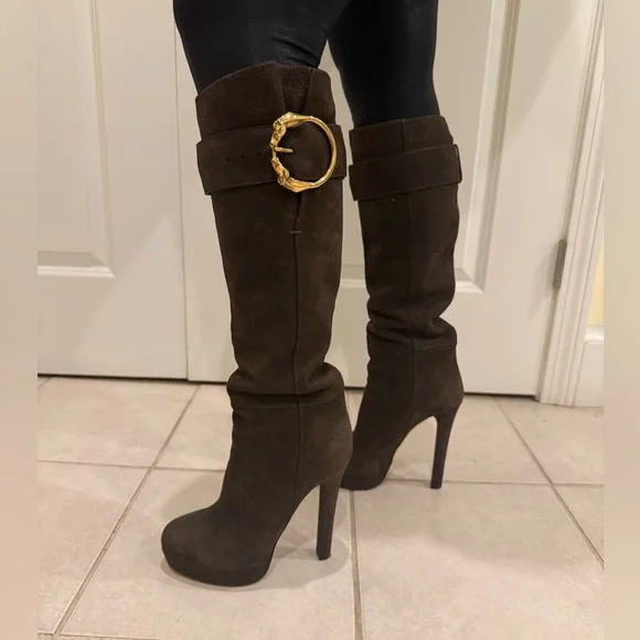 Gucci Dark Brown Suede Over-the-Knee Heeled Boots