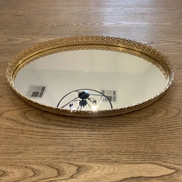 Vintage Gold Filigree Mirrored Vanity Tray Oval Floral Ornate Metal 16