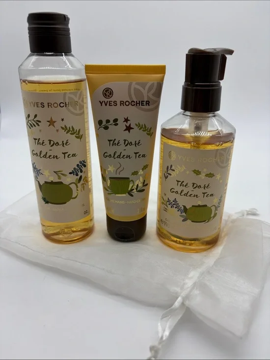 New Yves Rocher Thé Doré Golden Tea Hand Soap, Hand Cream, & Bath/Shower Gel Set