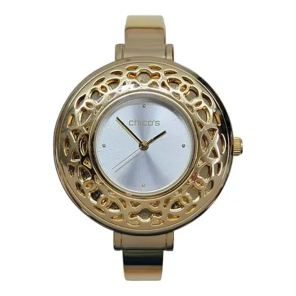 Chicos Portia Watch Womens Gold Tone Openwork Filigree Cuff Bangle New Battery