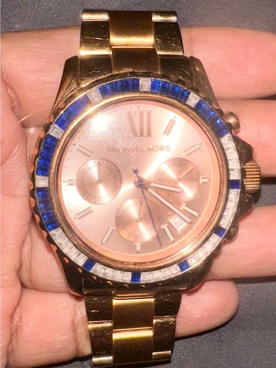 Michael Kors Rose Gold Women's Chronograph Watch with Blue Bezel