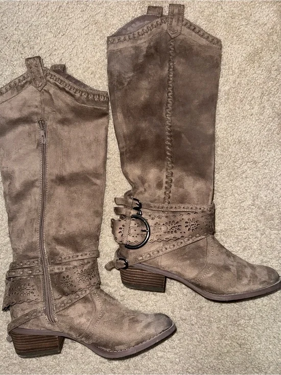 Buckle Taupe Suede Over-the-Knee Boots with Buckle Strap