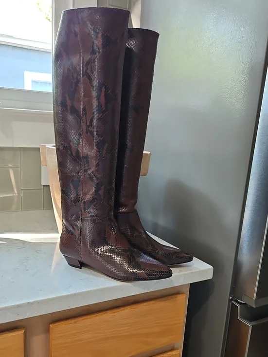 Sigerson Morrison Women’s Tall Snake-Embossed Leather Boots in Dark Brown
