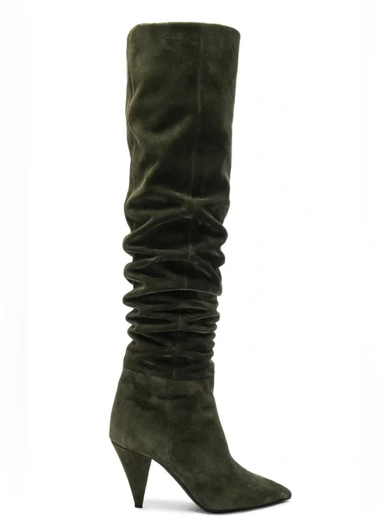SAINT LAURENT Suede Era Heeled Thigh High Boots in Army Green