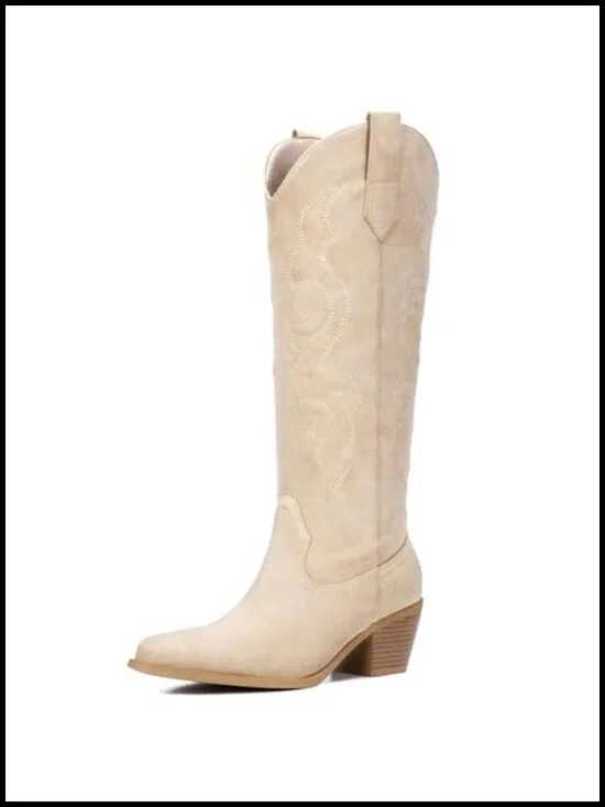 Wide Calf Cowgirl Boots with Rhinestone Embroidery Over Knee Chunky Heel Pull