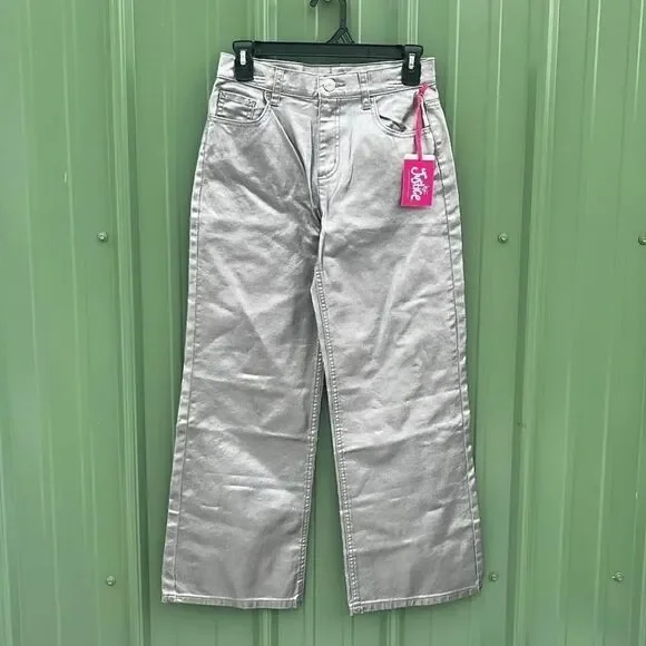 Girls Wide Leg Silver Denim Pleather Pants Size 12