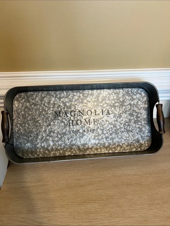 Magnolia Home Galvanized Tray with Dark Wood Handles