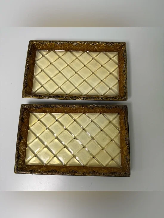 Vintage Gold Quilted Lattice Cosmetic Vanity Trays Set of 2 Hollywood Regency