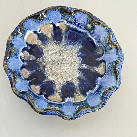 Handmade Ceramic Trinket Dish‎ Blue Swirls Glass Center Made in USA