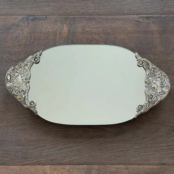Godinger Silver Oval Vanity Mirror Tray Ornate Scroll Metal Handles & Feet