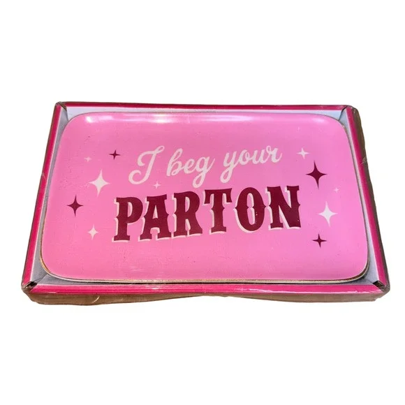 Dolly Parton I Beg Your Parton Pink Catchall Tray Trinket Dish‎ Gold Rim 5322799