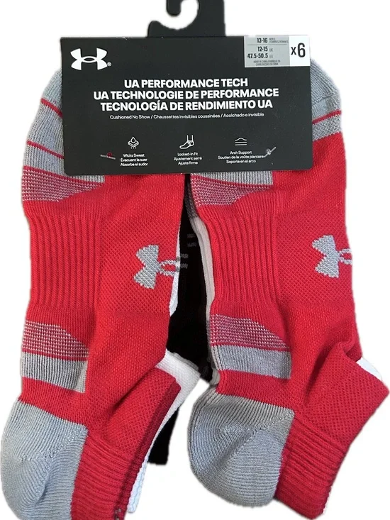 Under Armour Men's Red/White/Black Performance Tech No-Show Socks - Pack of 6