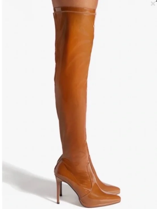 Shoe Dazzle Lekisha Tan /camel, Patent faux leather Thigh High Boots 6 NWOT